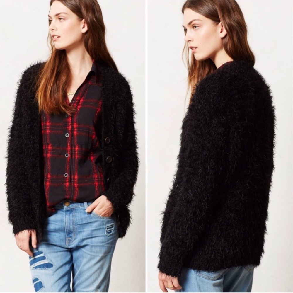Anthropologie Moth Emile Fuzzy Button Up V-Neck Cardigan Black Size Medi…